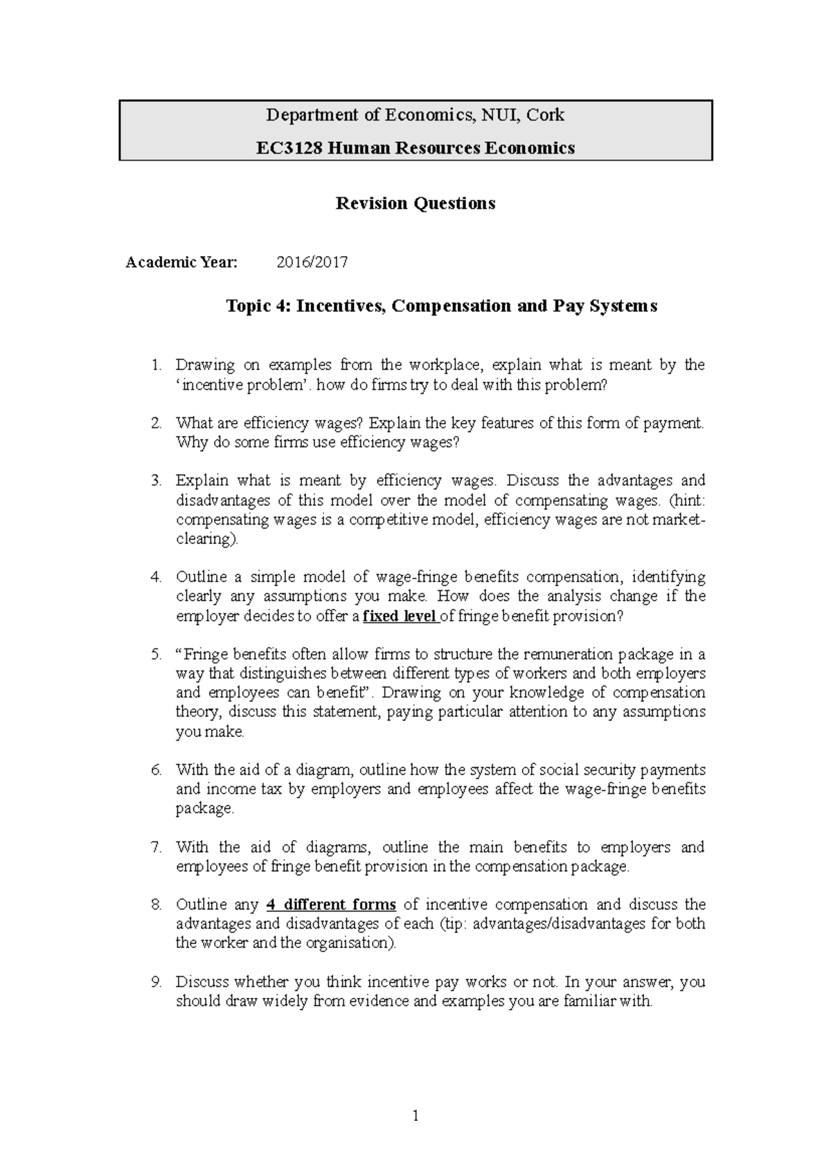Review 2017, questions and answers Department of Economics, NUI, Cork