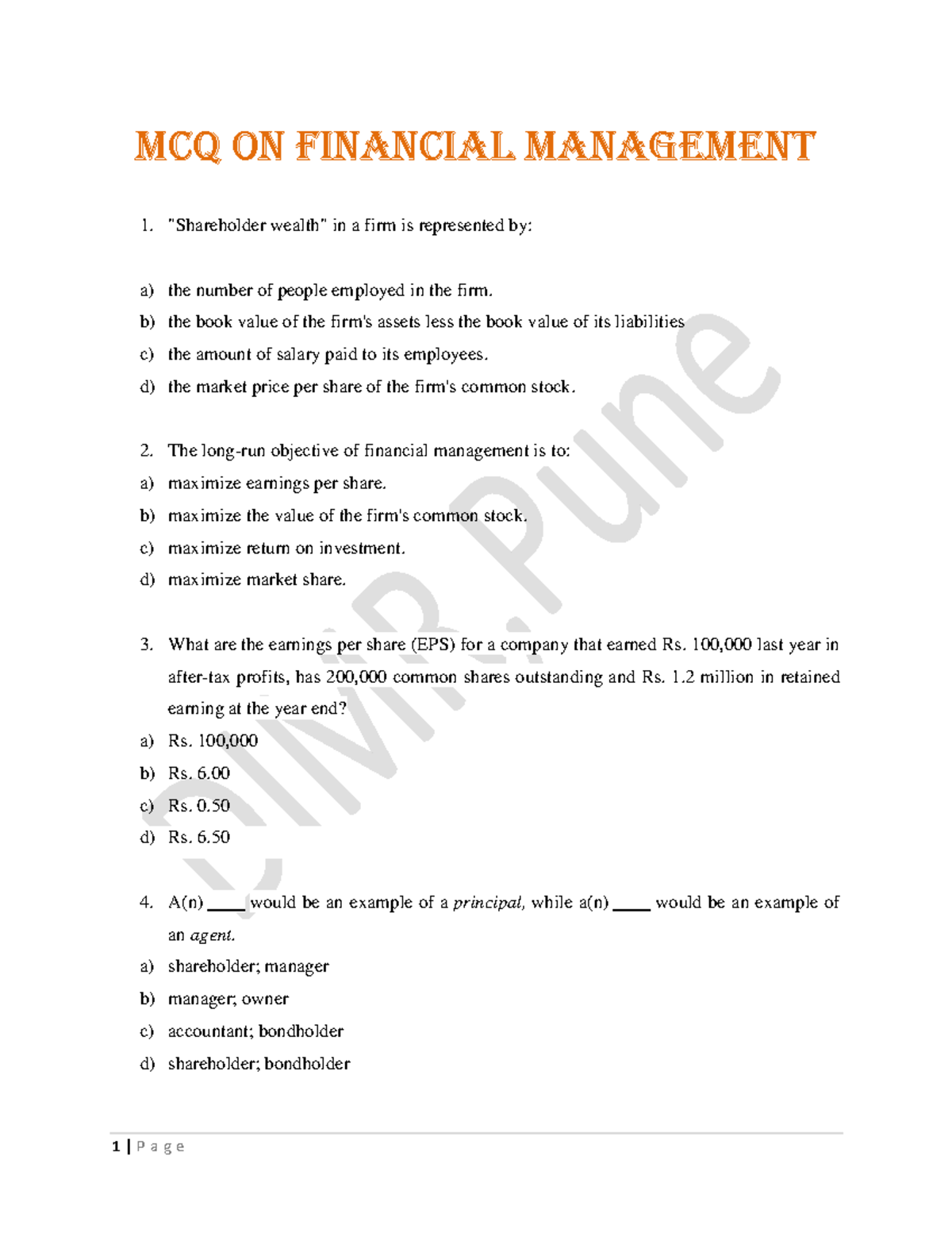 Exam 18 June 2019, Questions And Answers - MCQ On Financial Management ...