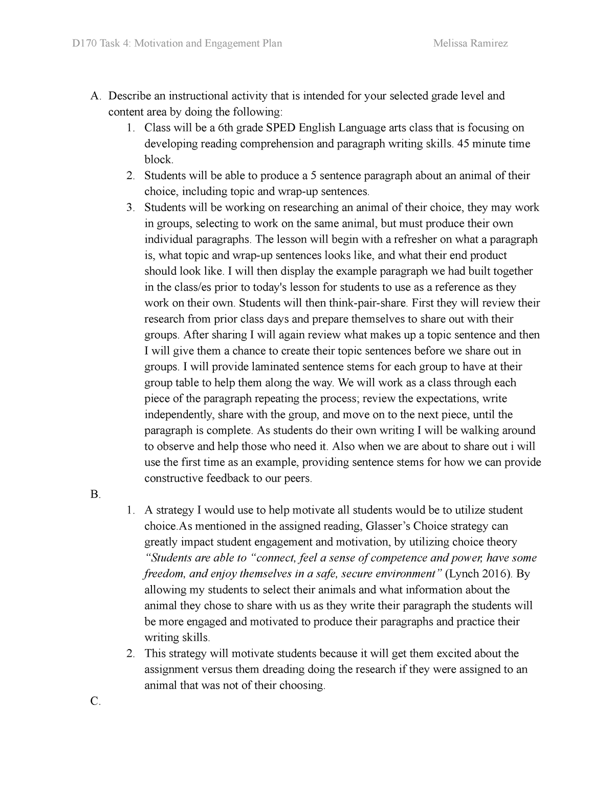 D170-KJM2 TASK 4 Motivation AND Engagement PLAN - D170 Task 4 ...