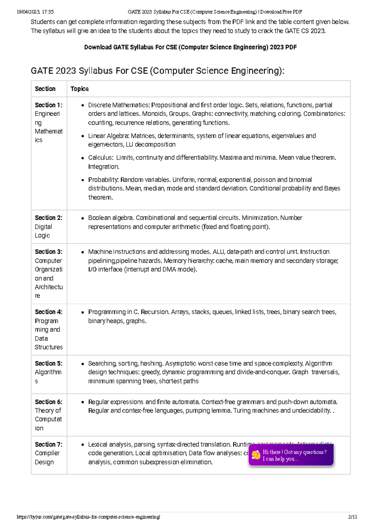 Gate 2023 syllabus for cse computer science engineering download free
