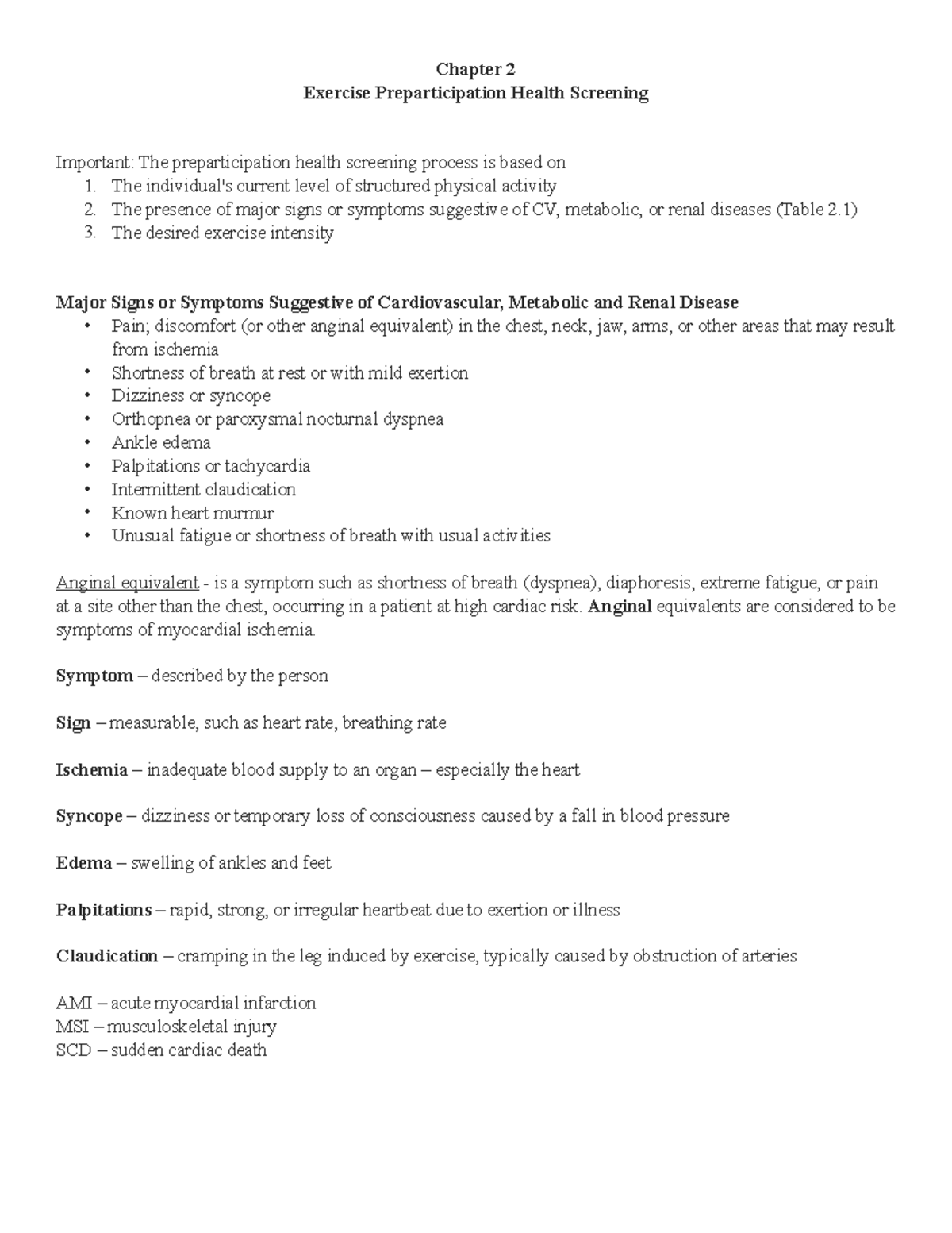 Chapter 2 Notes Exercise Preparticipation Health Screening Chapter