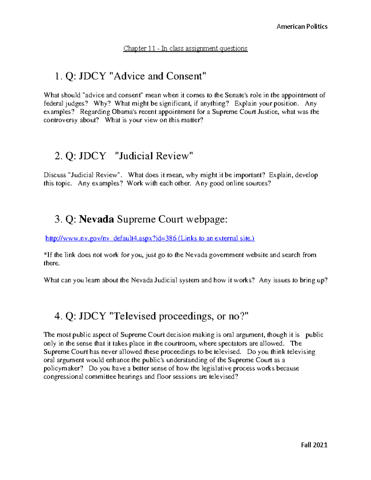 Chapter 11 - In class assignment questions - PSC 101 - CSN - Studocu