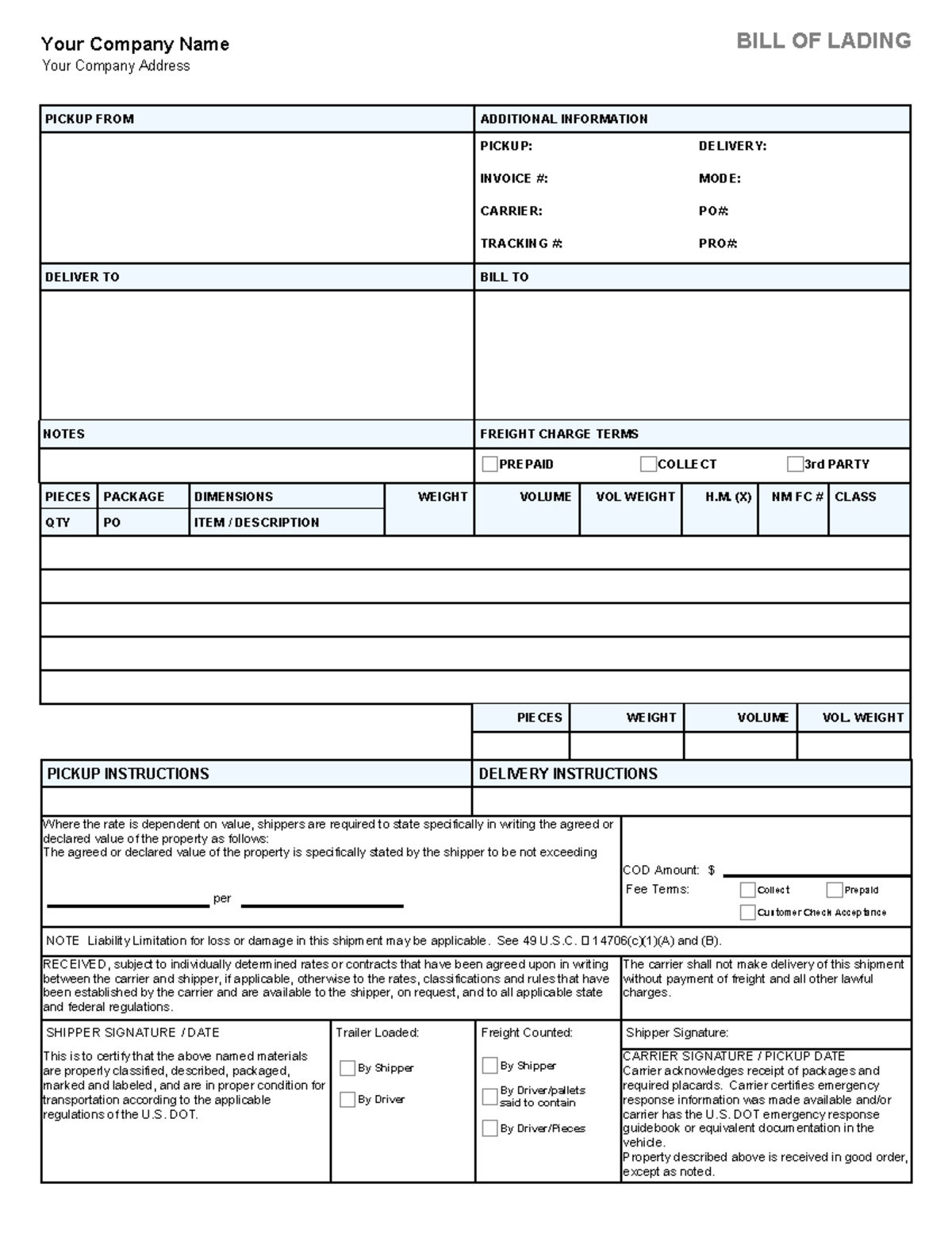 Formato Bill Of Lading - BILL OF LADING Your Company Address Your ...