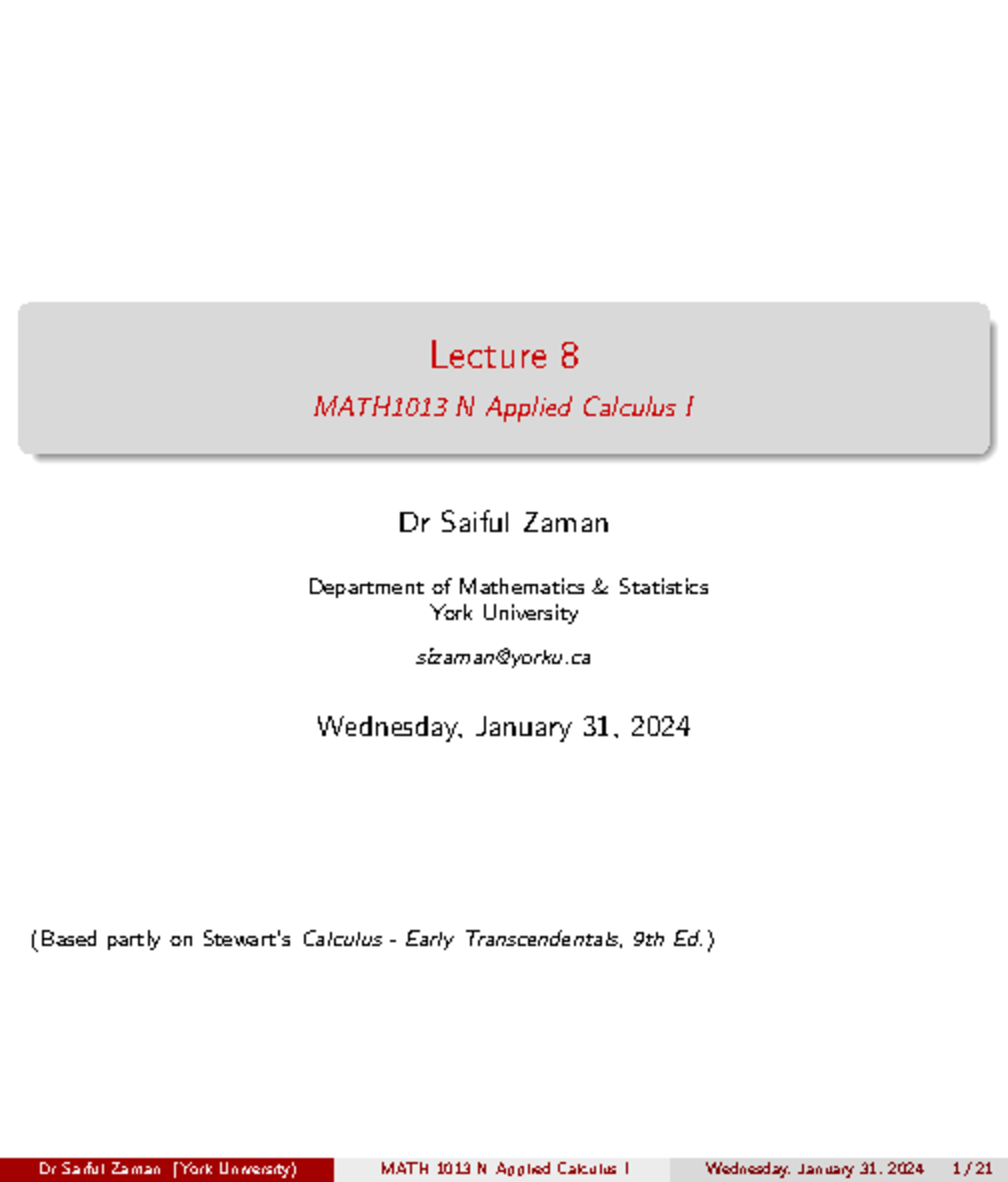 M1013w Lec8 slides - Lecture 8 MATH1013 N Applied Calculus I Dr Saiful ...