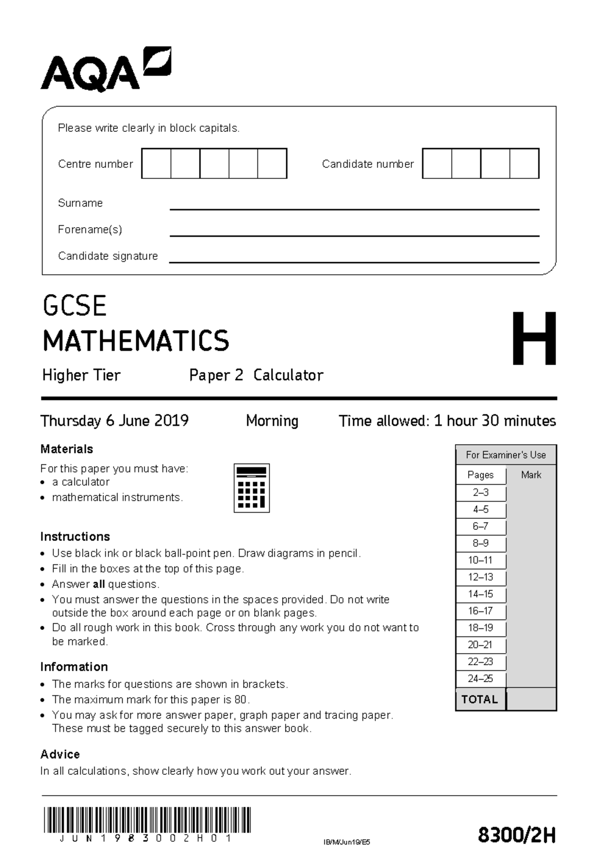 AQA GCSE Maths Higher Paper 2 QP - Jun1983002H01 IB/M/Jun19/E5 8300/2H ...