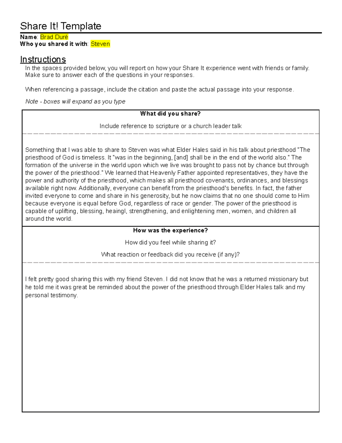 Share It Template (6) - Share It! Template Name: Brad Duré Who you ...
