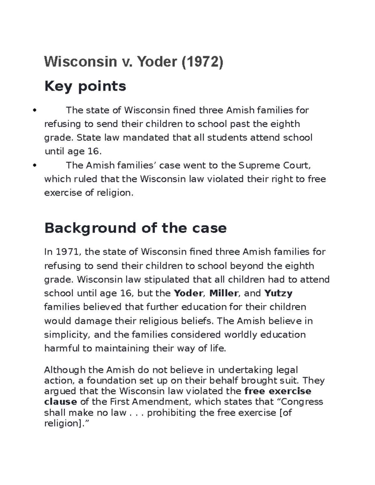 Wisconsin v Yoder and yeah that Wisconsin v. Yoder (1972) Key