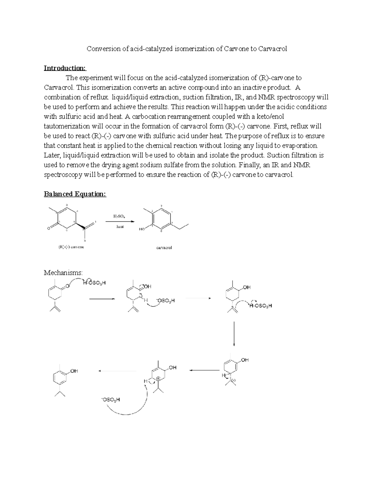 Pre Lab 2 - Conversion of Carvone to carvacrol - StuDocu