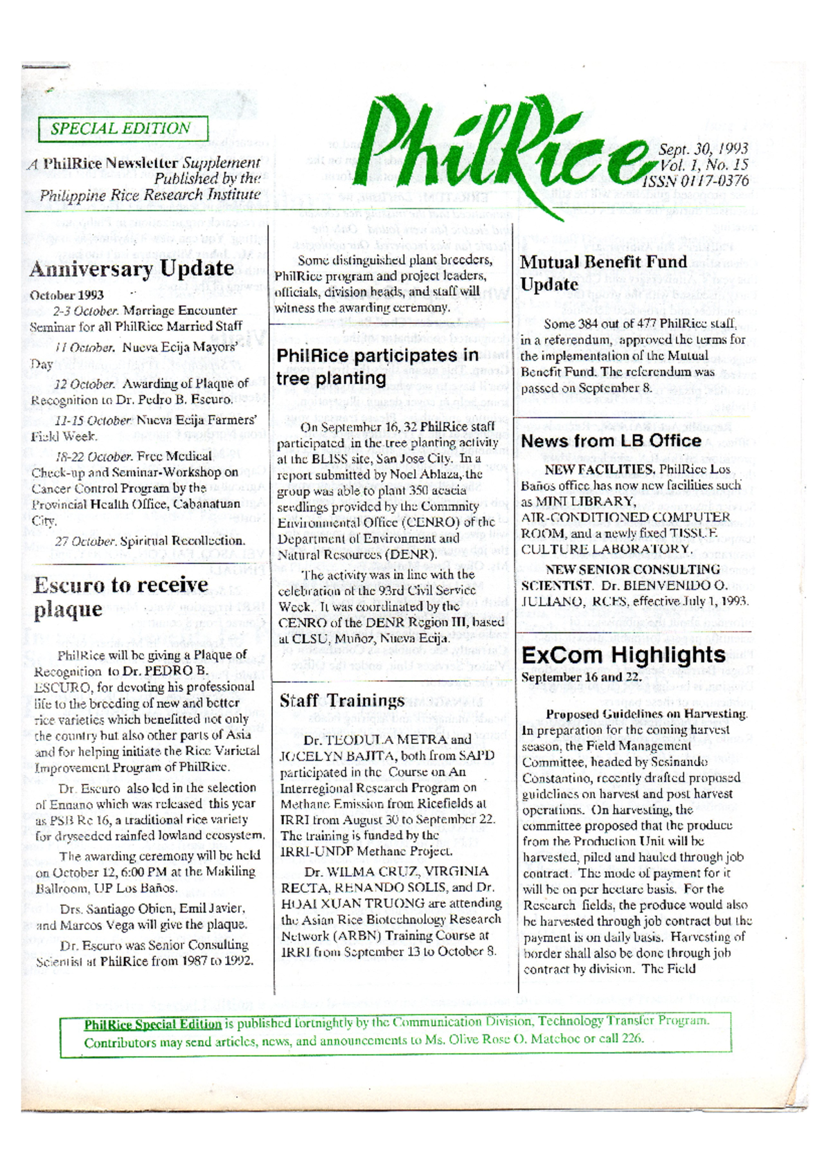 Phil Rice Newsletter Special Edition Vol 1 No 15 - 1993 - SPECIAL ...