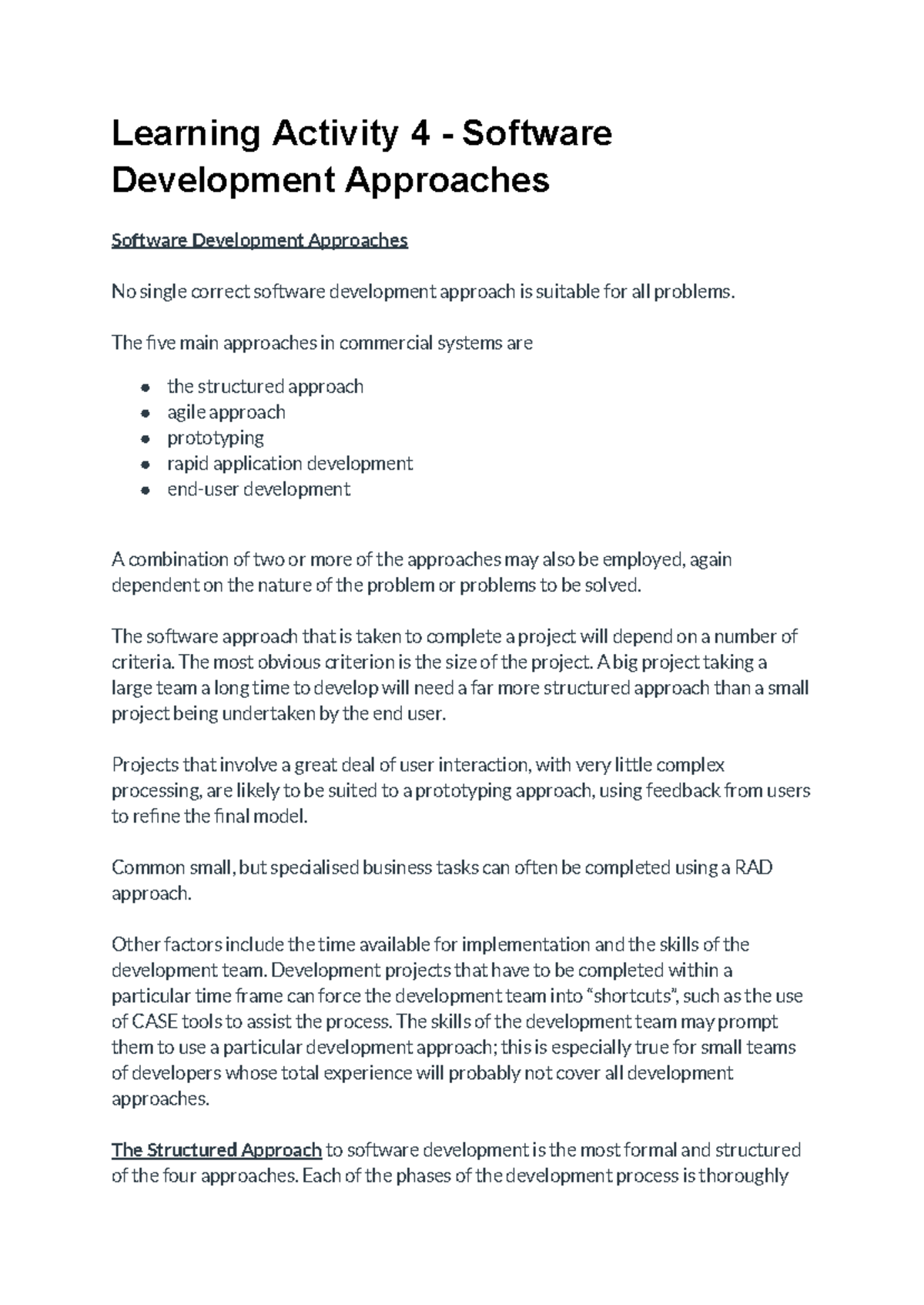 Learning Activity 4 - Software Development Approaches - The five main ...