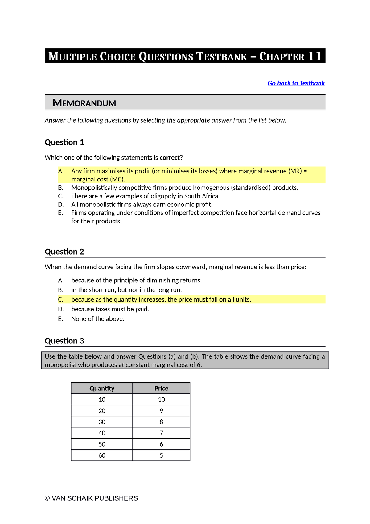 Economics 5 MCQ C11 Memo - MULTIPLE CHOICE QUESTIONS TESTBANK – CHAPTER ...