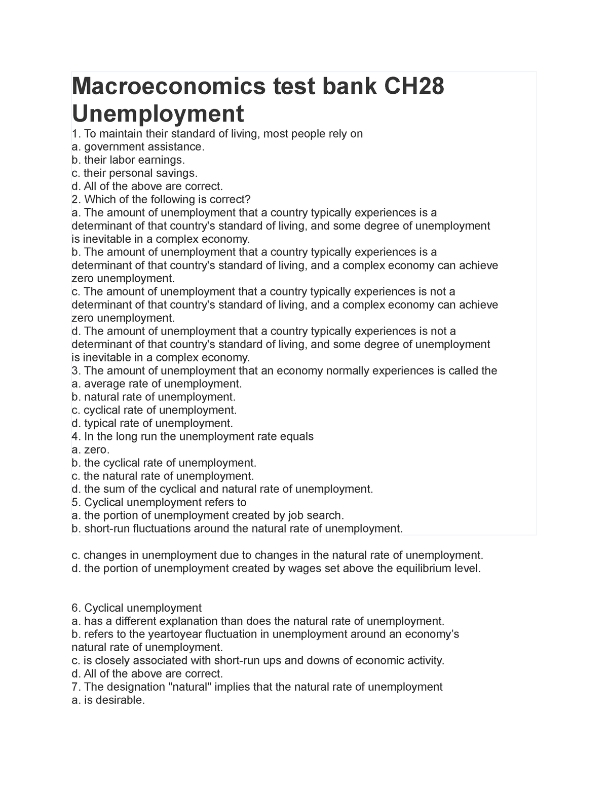 Macroeconomics Test Bank CH28 Unemployment - Macroeconomics Test Bank CH Unemployment To ...