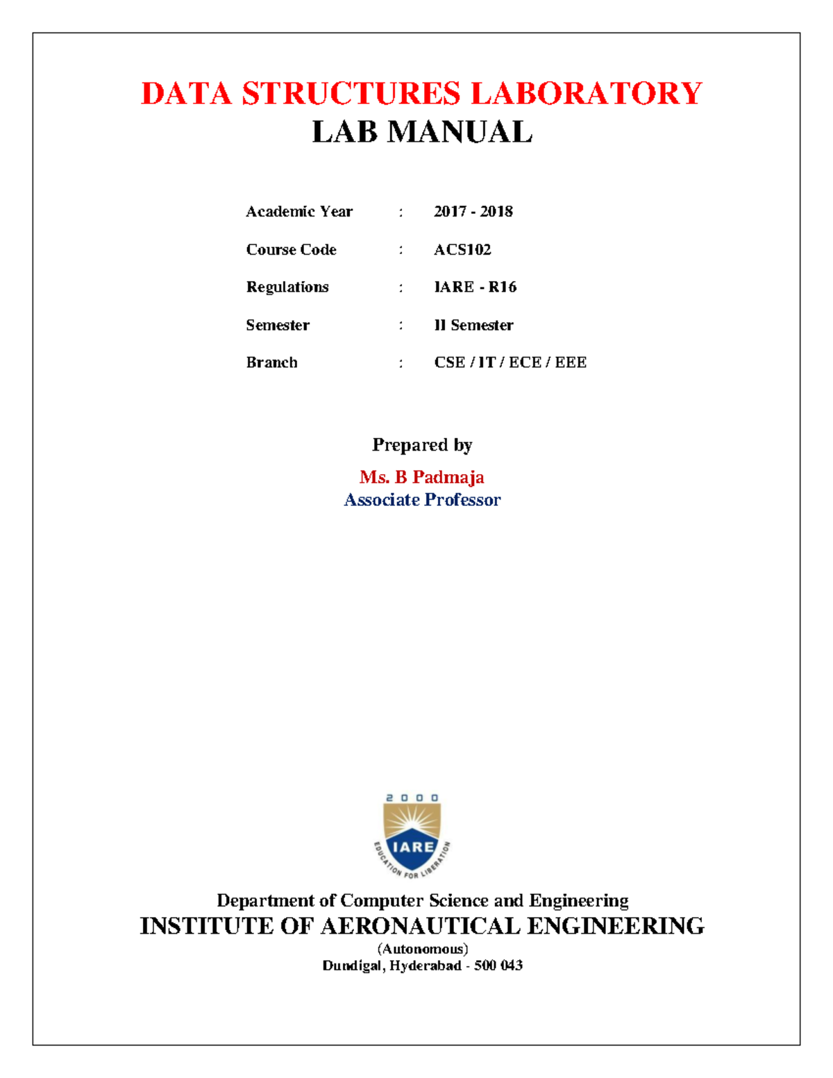 IARE DS Lab Manual DATA STRUCTURES LABORATORY LAB MANUAL Academic 