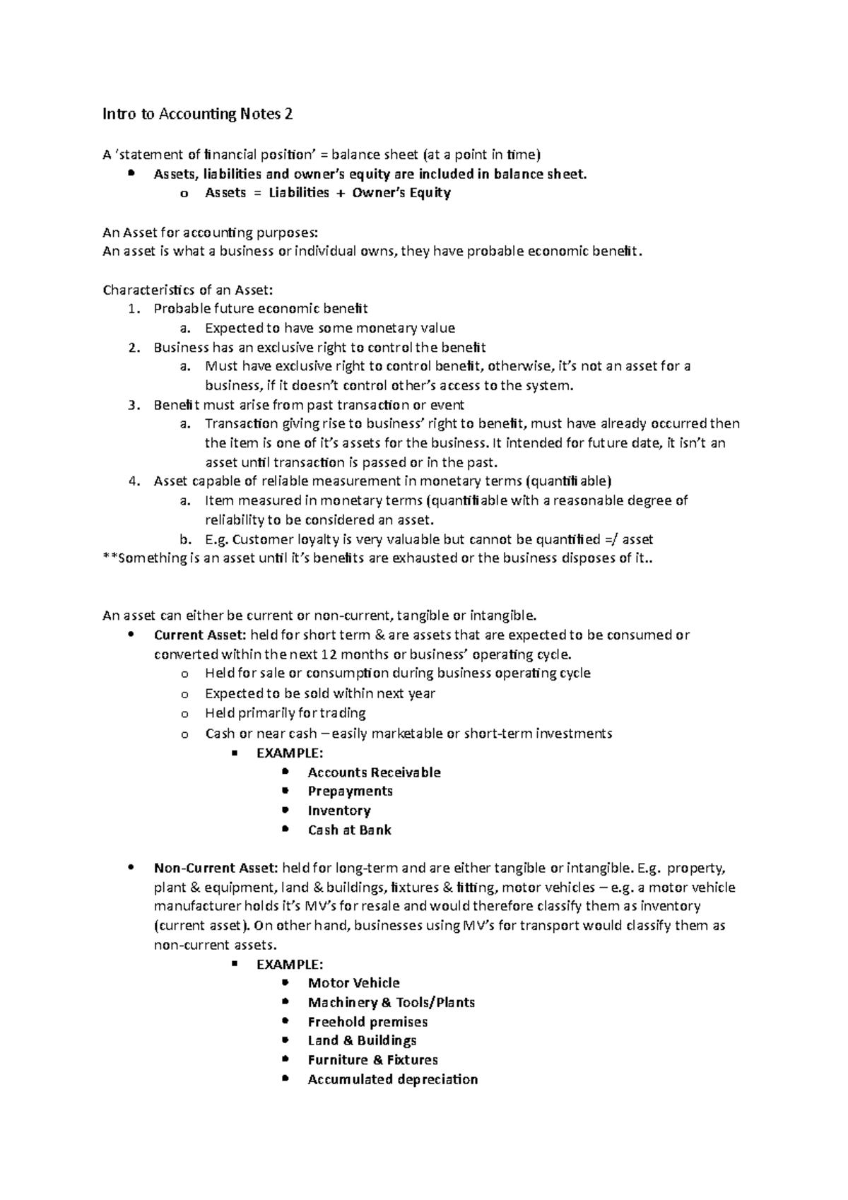 Intro to Accounting Notes 2 - o Assets = Liabilities + Owner’s Equity ...
