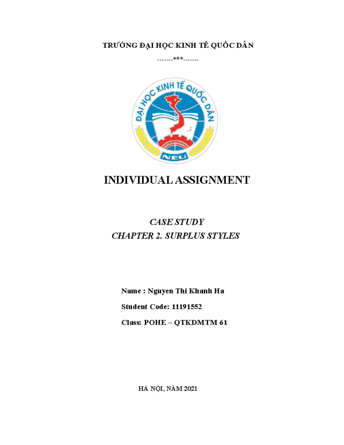 Individual Assignment case study surplus styles - TRƯỜNG ĐẠI HỌC KINH ...