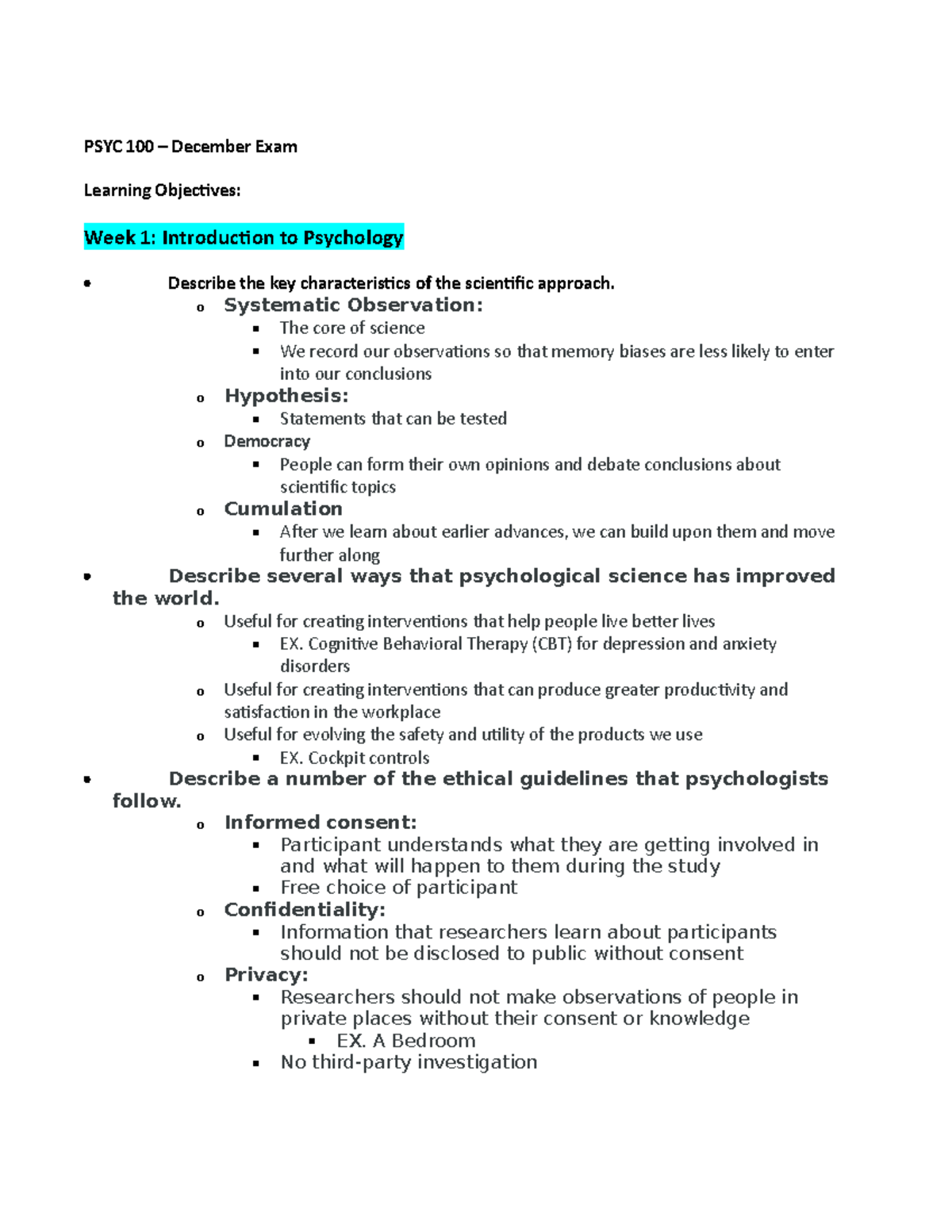 Psyc 100 December Exam Study Notes Psyc 100 December Exam