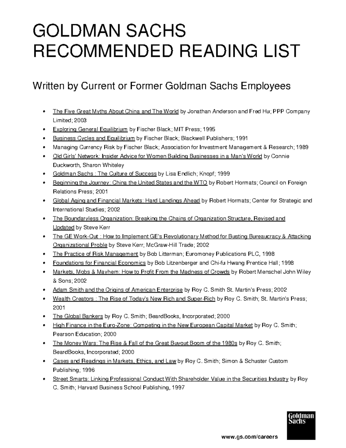 Goldman Sachs Suggested Reading GOLDMAN SACHS READING