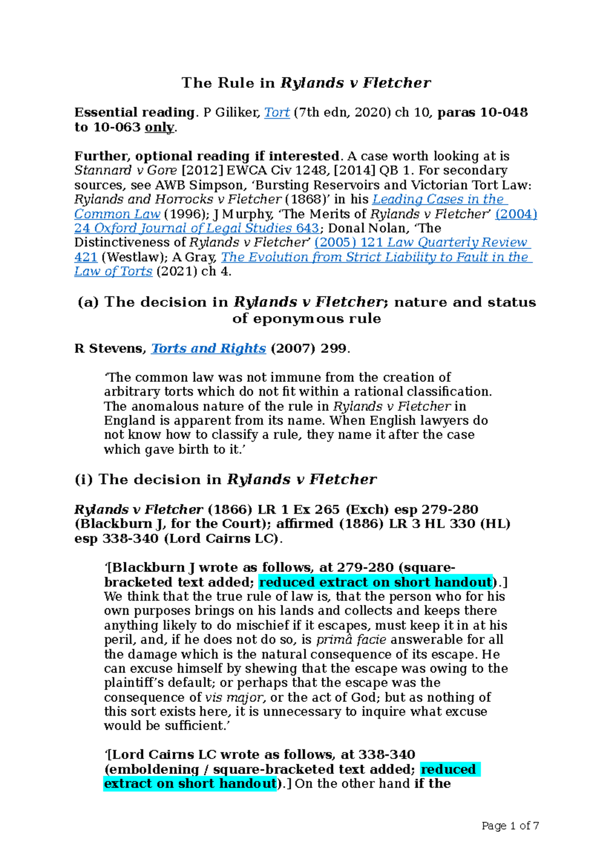 Tort lecture – R v F – short for lecture - The Rule in Rylands v ...