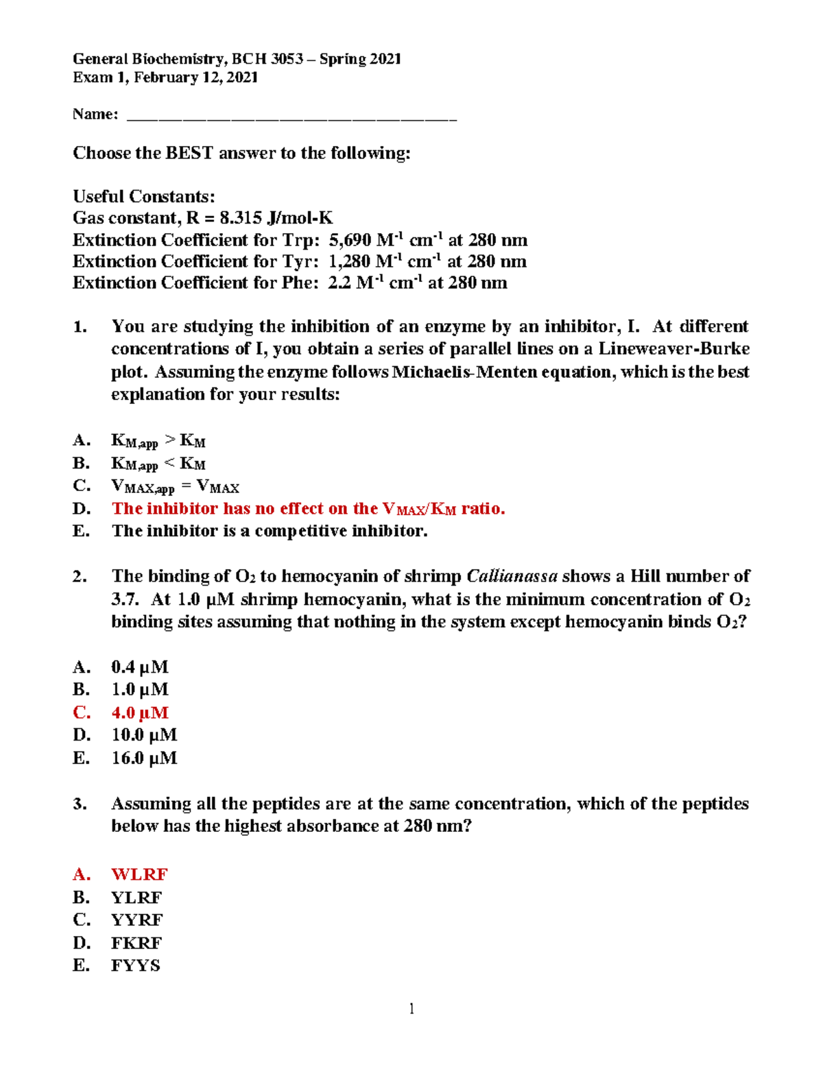 BCH 3053 Exam1 2021 Answer Key Spring 2020 - Exam 1, February 12, 2021 ...