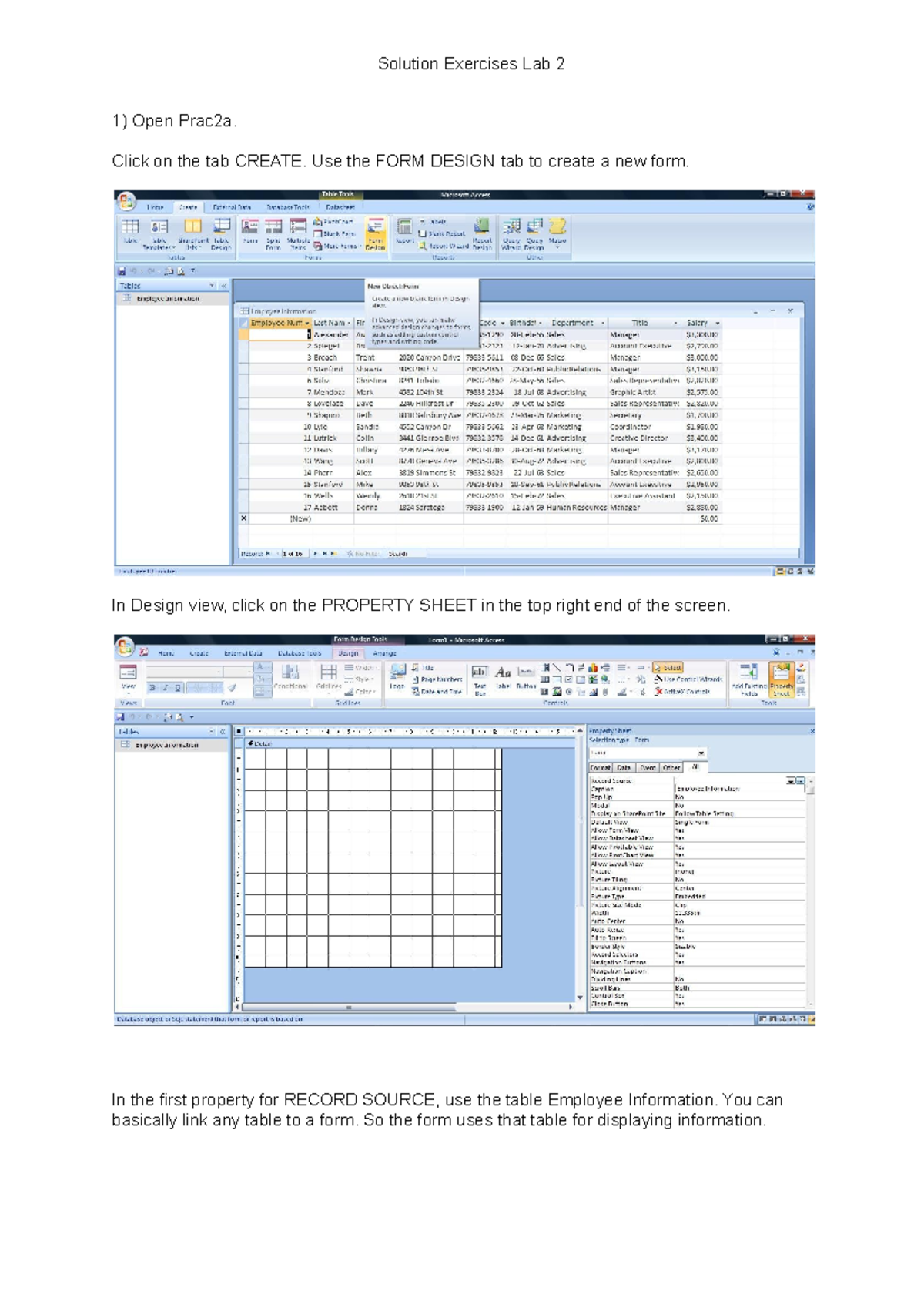 Lab 2 Exam Solution - Solution Exercises Lab 2 1) Open Prac2a. Click on ...