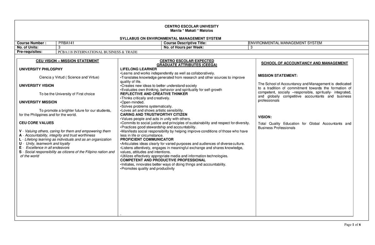 Environmental Management System Course Syllabus - CENTRO ESCOLAR ...