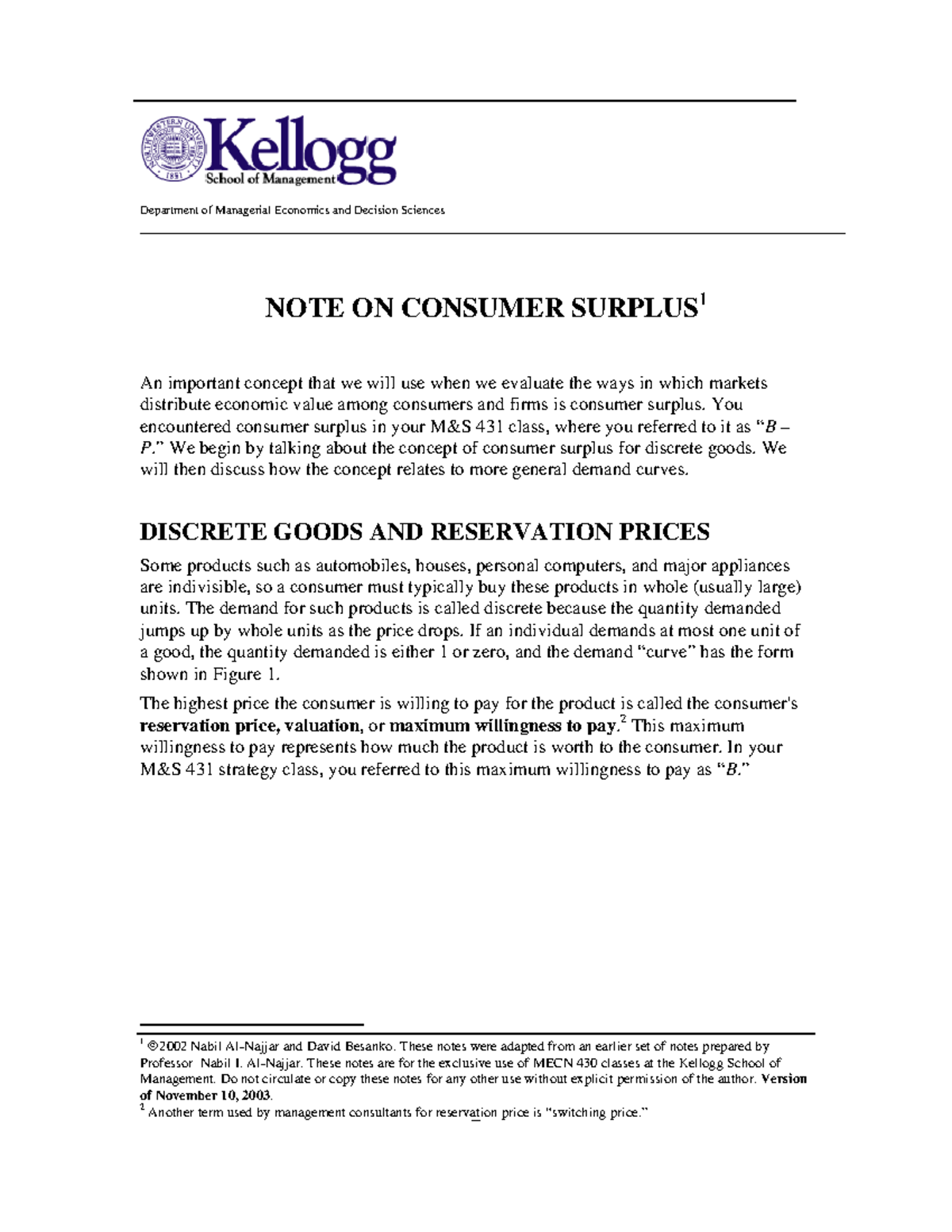 Note on Consumer Surplus - Department of Managerial Economics and ...