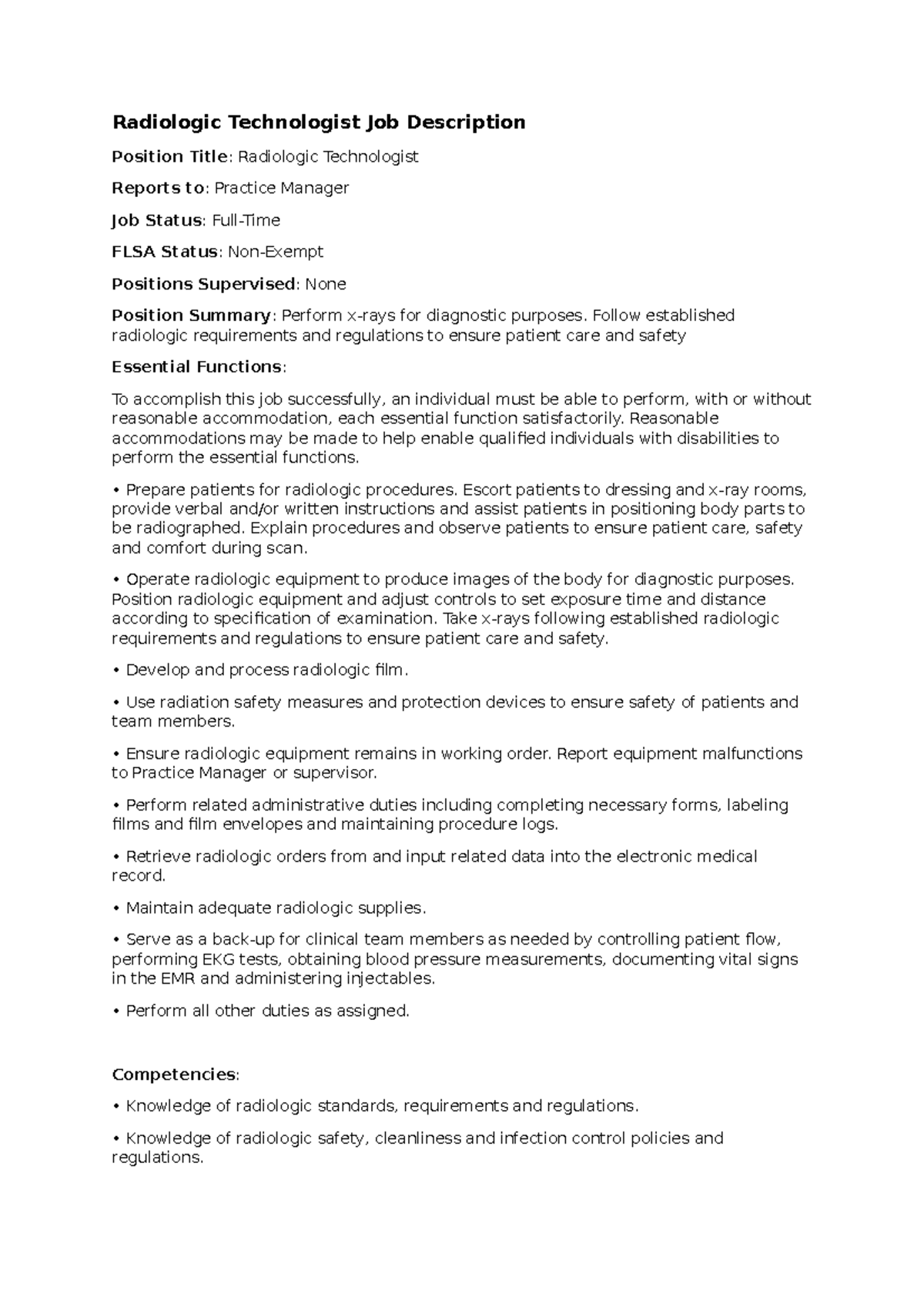 Radiologic Technologist Job Description Radiologic Technologist Job