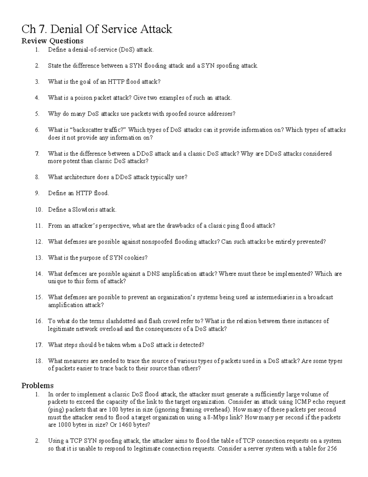 Problems on computer security - Ch 7. Denial Of Service Attack Review ...
