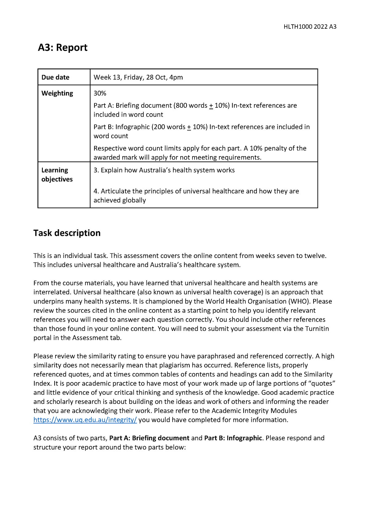 HLTH1000 2022 A3 Task Sheet - A3: Report Due Date Week 13, Friday, 28 ...