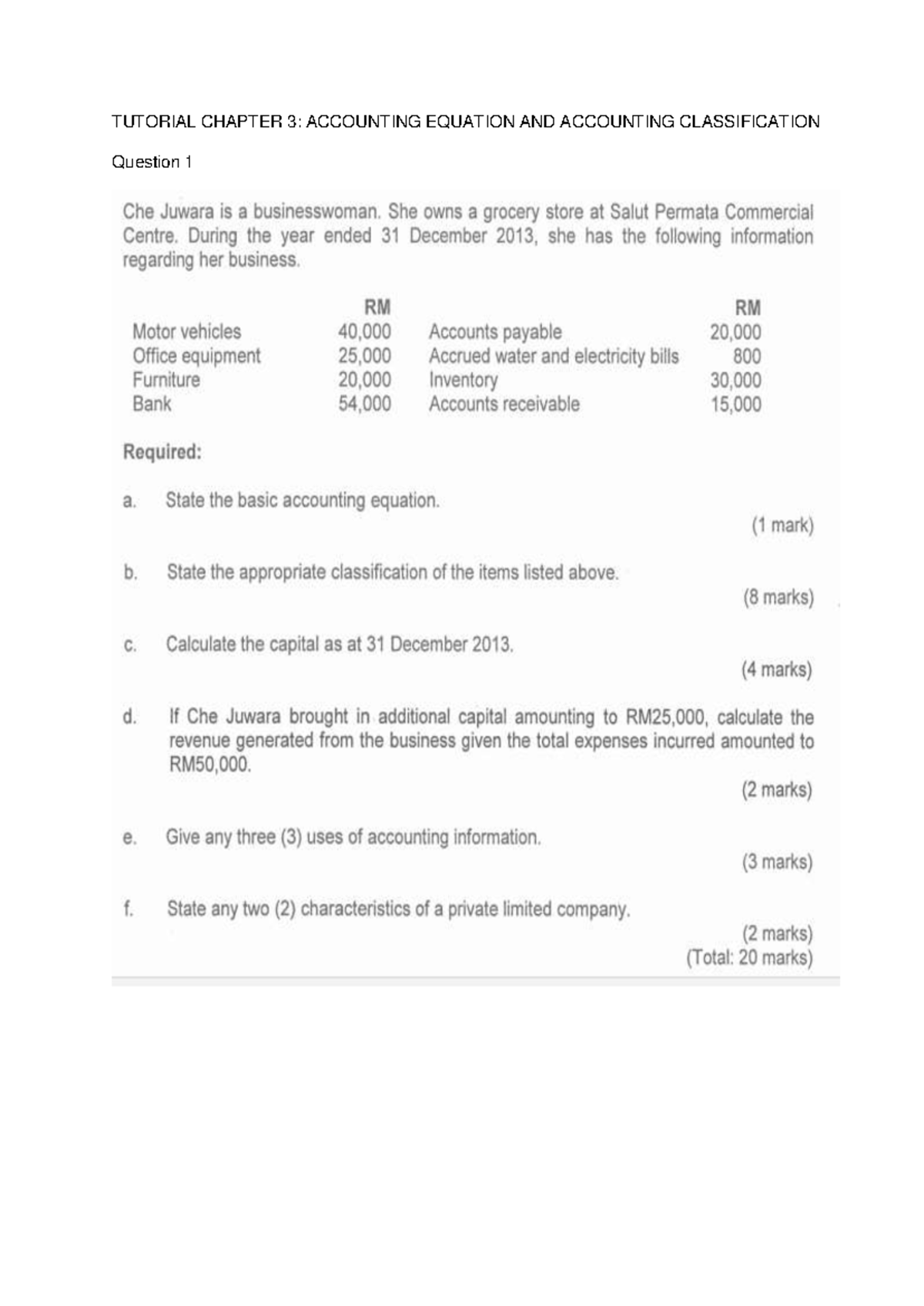 Tutorial Chapter 3A - Accounting Equation AND Accounting Classification ...