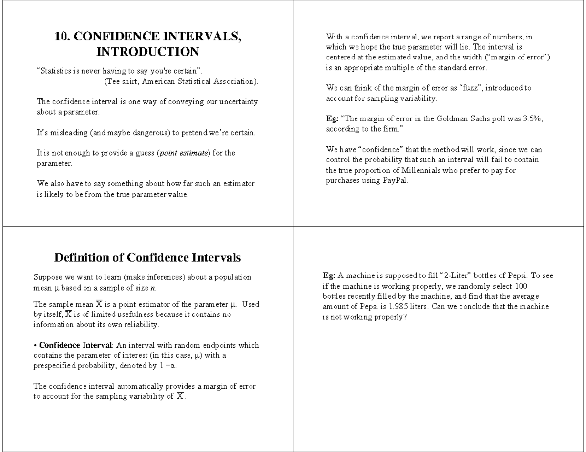 10-CI - Lecture notes 1 - 10. CONFIDENCE INTERVALS, INTRODUCTION ...