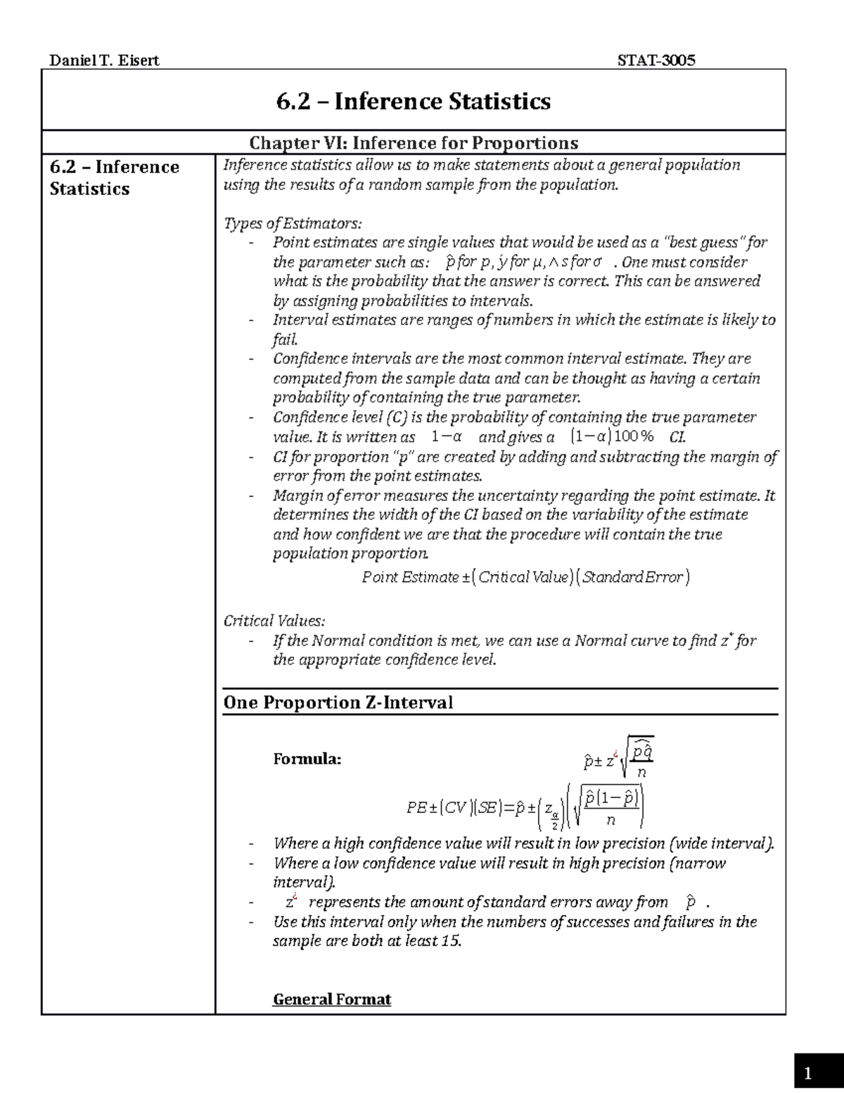 STAT-3005 - Notes - 6-2 - Inference Statistics - 6 – Inference ...