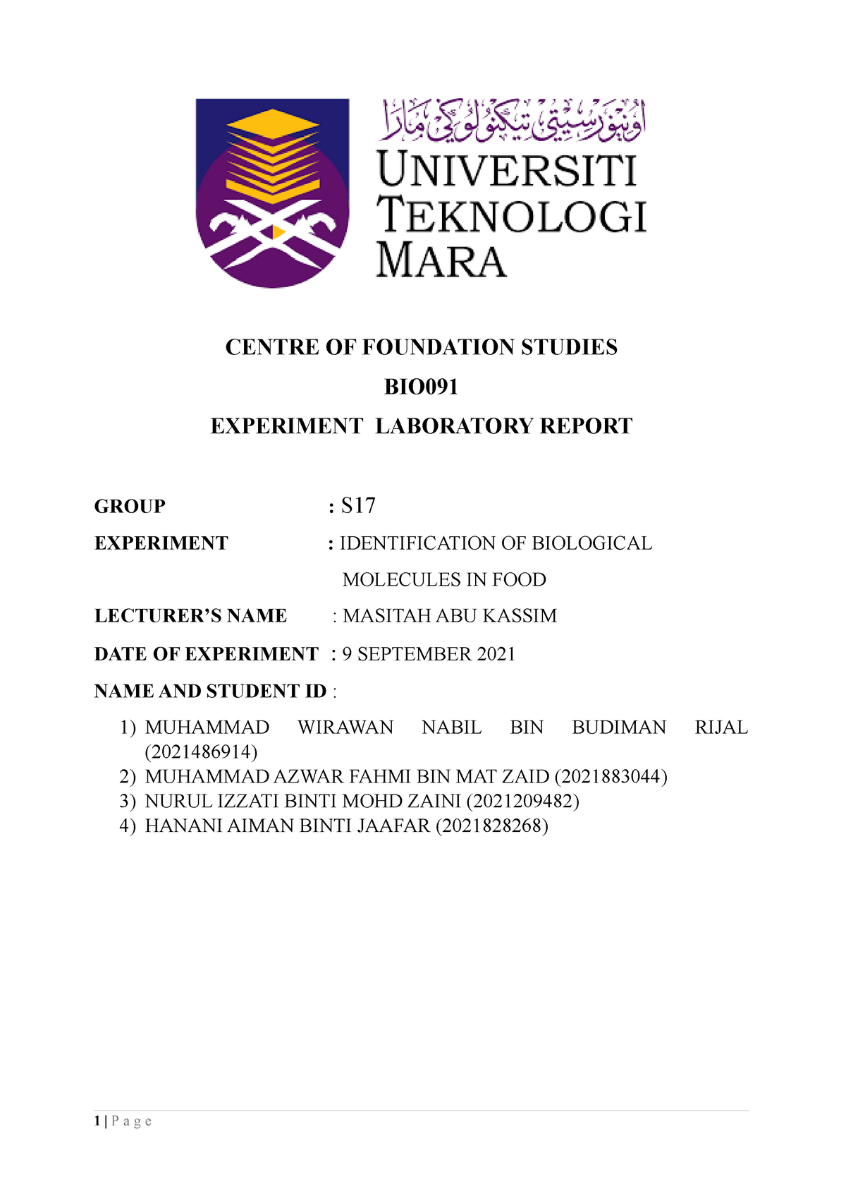 Lab Report Bio Identification Of Biological Molecules In Food 