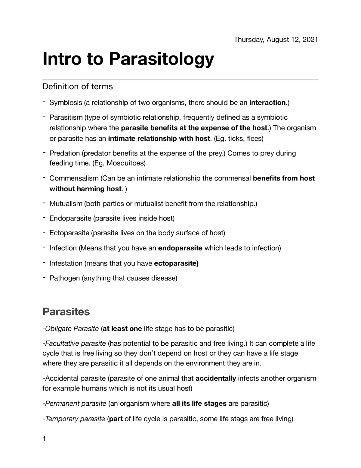 Parasitology Notes Na Intro To Parasitology Definition Of Terms Symbiosis A Relationship