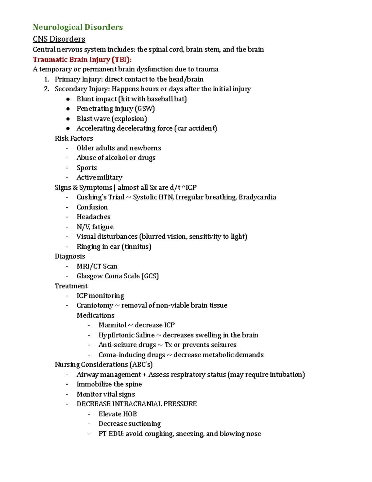 Neurological Disorders Notes - Neurological Disorders CNS Disorders ...