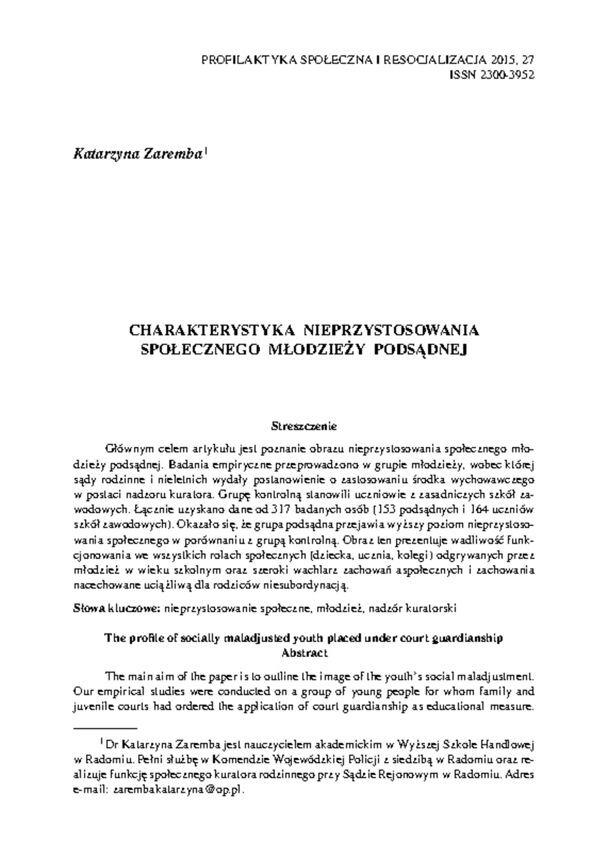 Charakterystyka nieprzystosowania s - PROFILAKTYKA SPOŁECZNA I