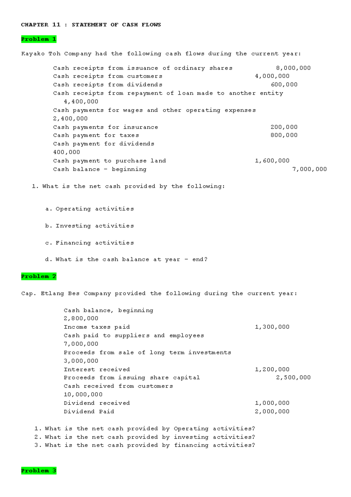 Statement OF CASH Flows - CHAPTER 11 : STATEMENT OF CASH FLOWS Problem ...