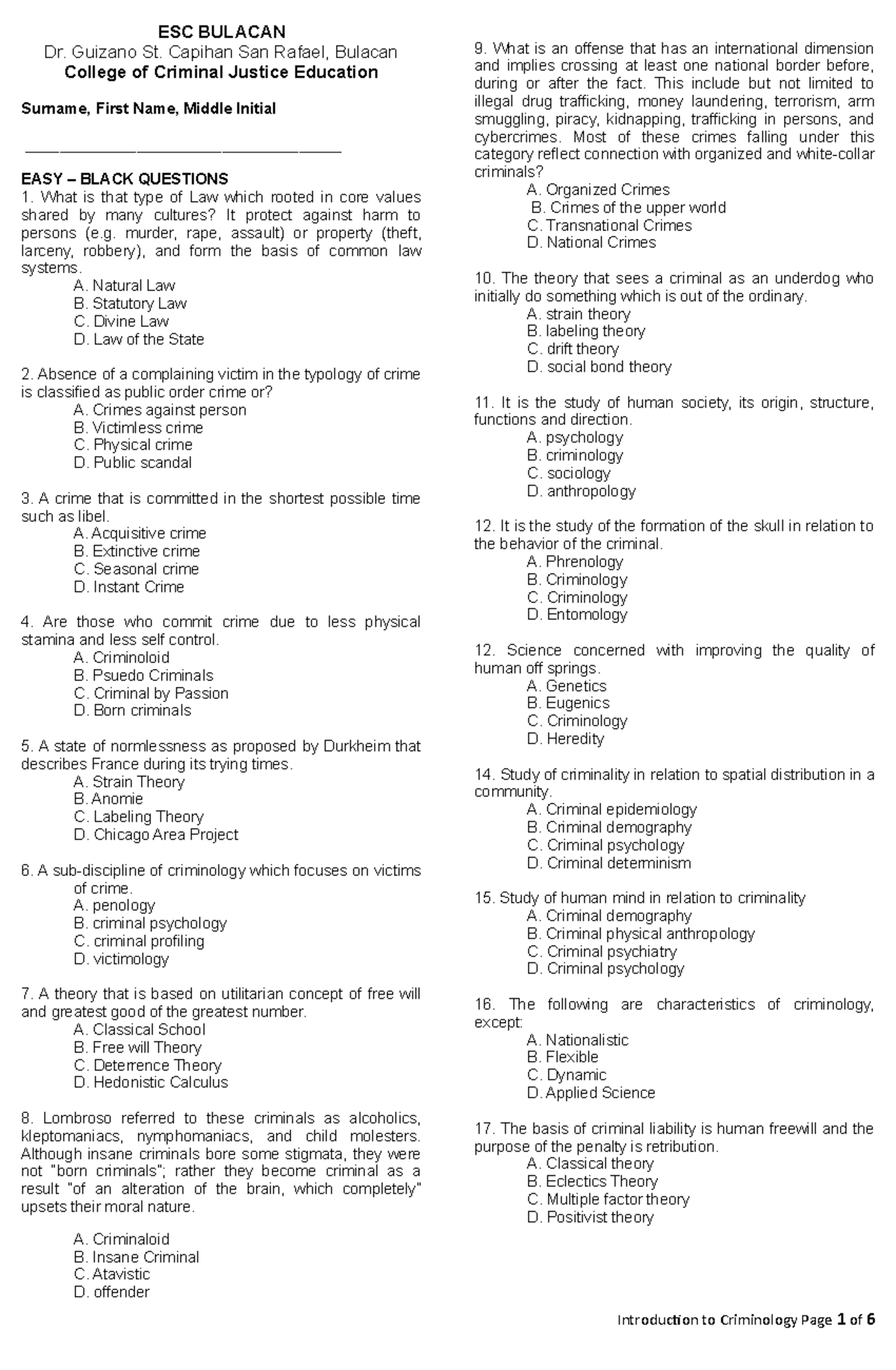 1ST YEAR Exams Questions - ESC BULACAN Dr. Guizano St. Capihan San ...