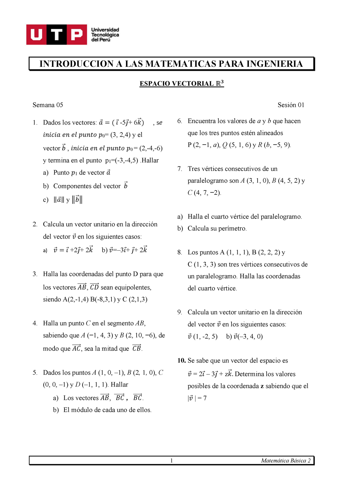 S5.s1 Espacio Vectorial EN R3 - Ejercicios - 1 Matemática Básica 2 ...