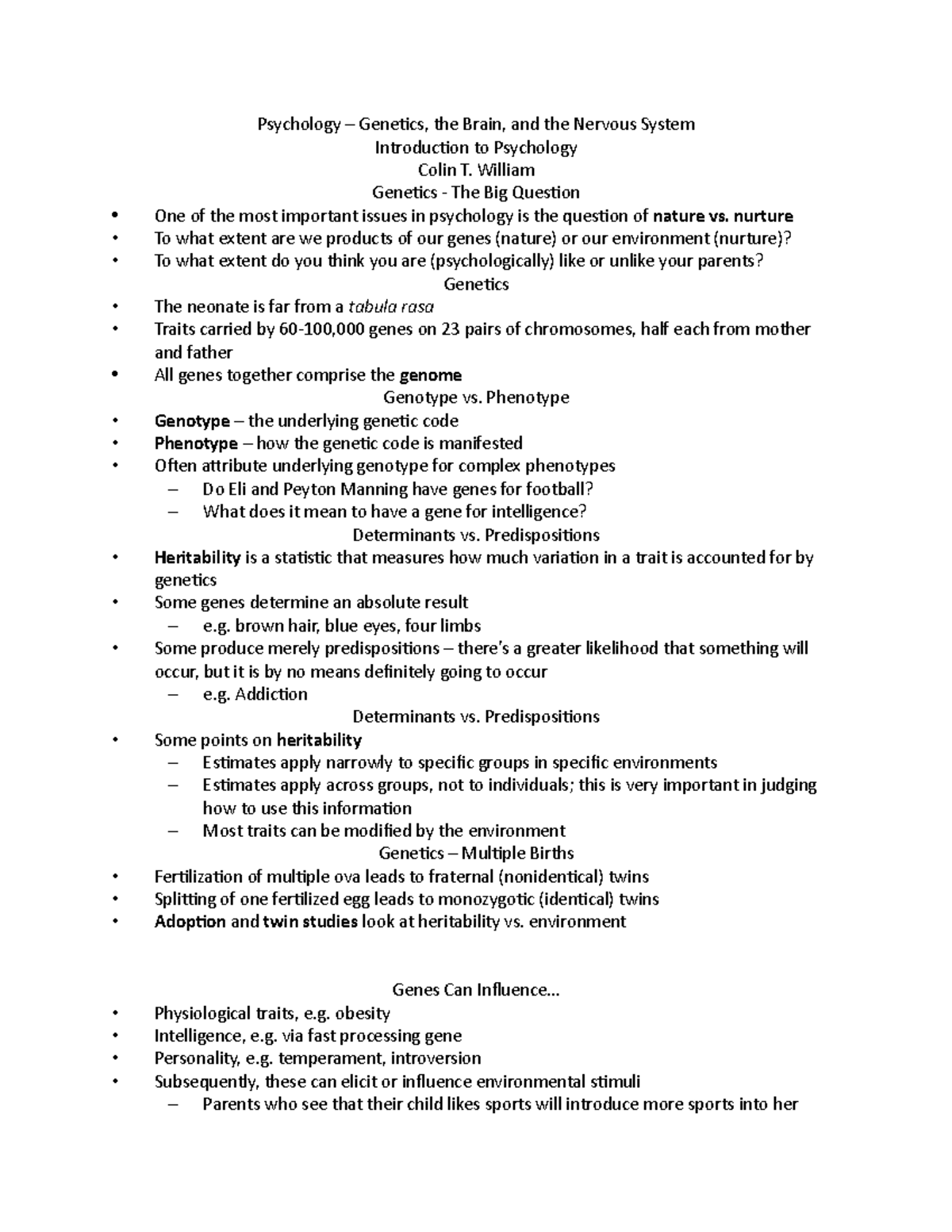Psych Class 3 - Lecture notes 3 - Psychology – Genetics, the Brain, and ...