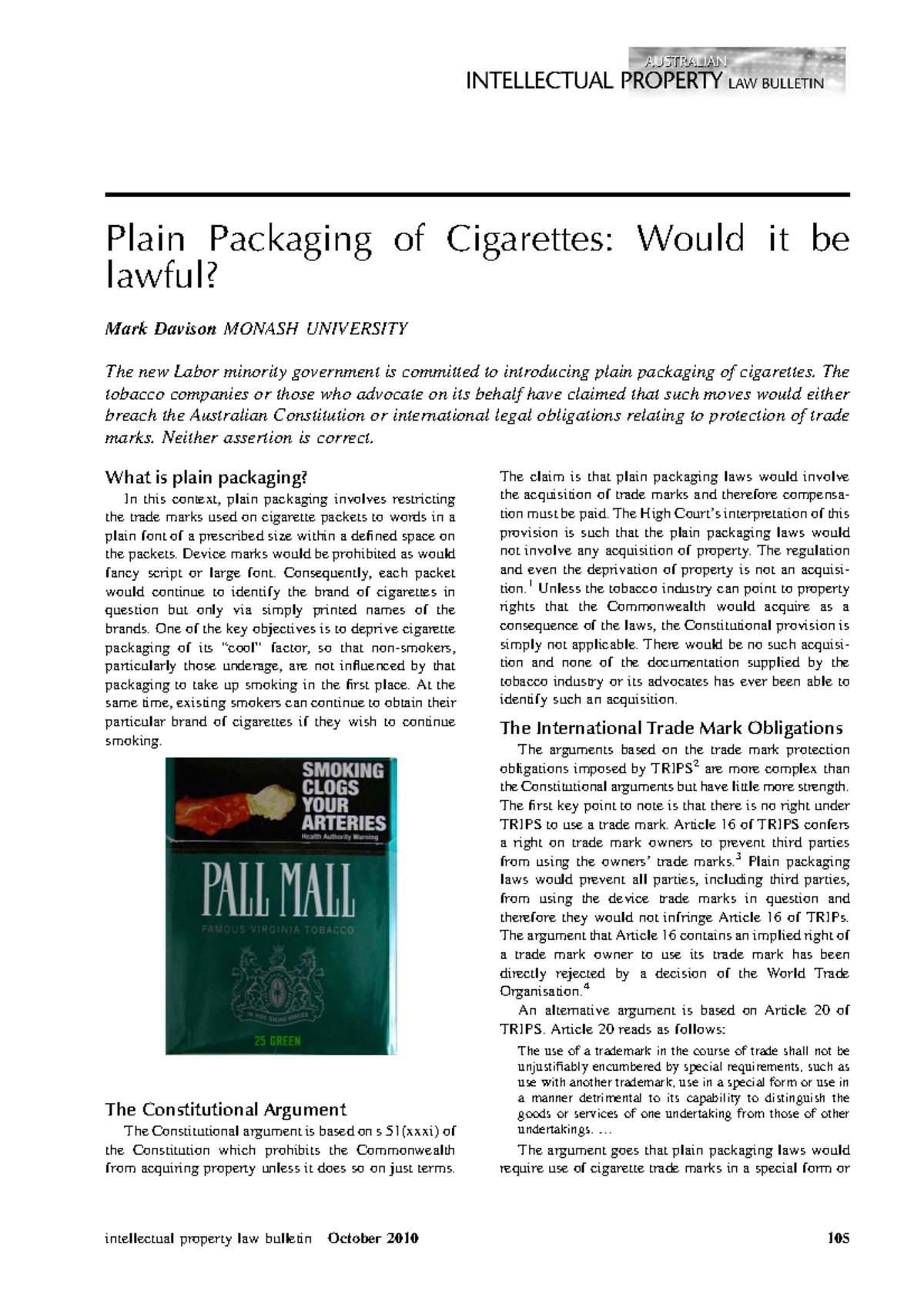 Plain Packaging of Cigarettes Would it be lawful — (2010 ) 23(5) IPLB ...