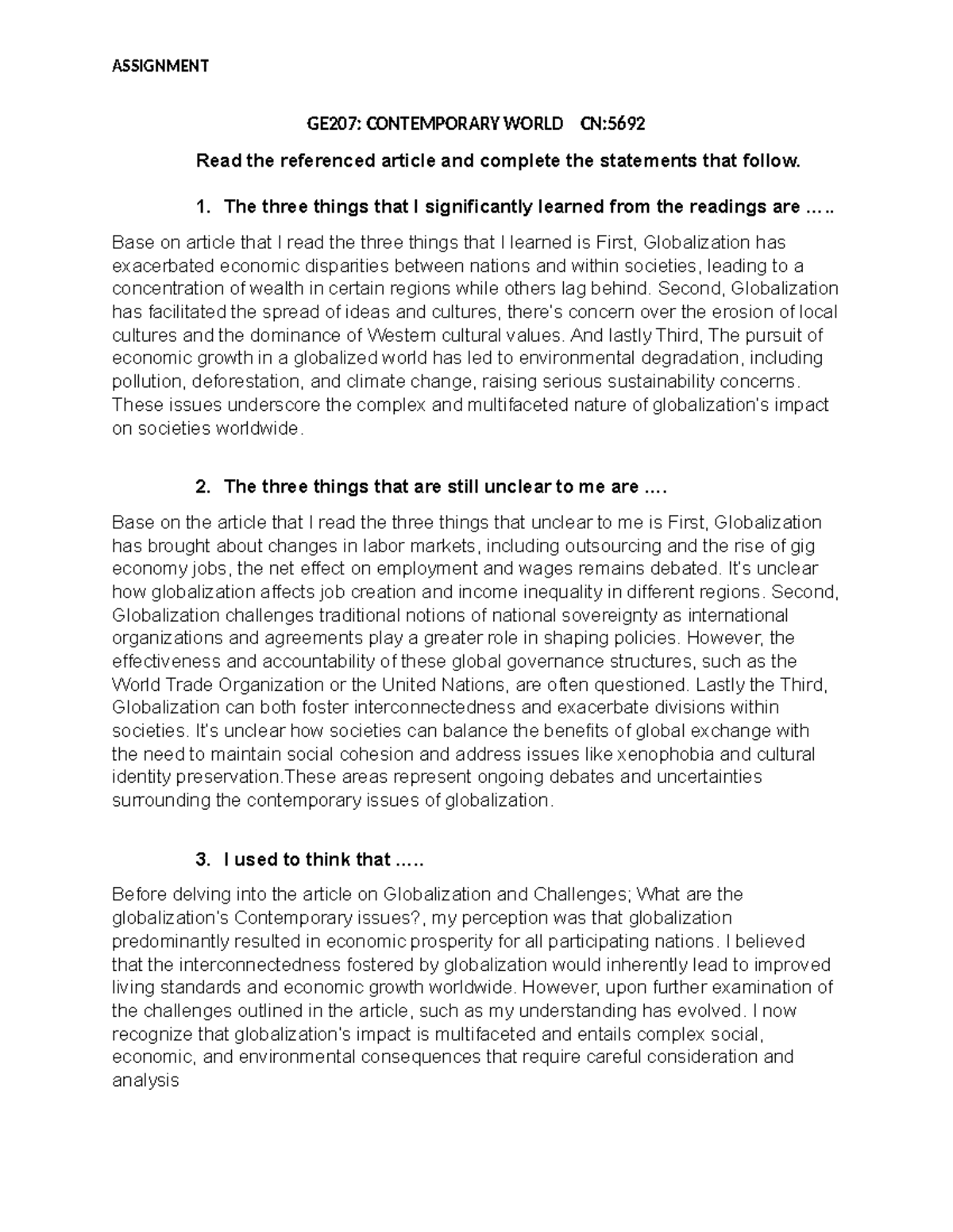 GE207 Entrepreneurial Mind - ASSIGNMENT GE207: CONTEMPORARY WORLD CN ...