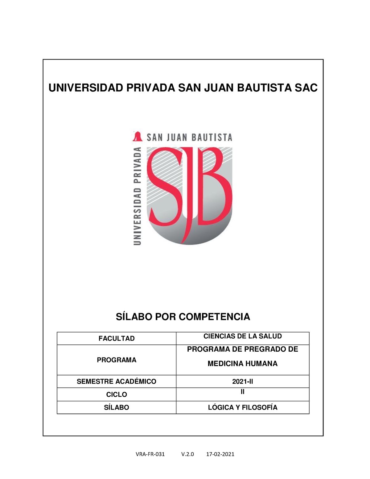 Sílabo Lógica Y Filosofía 2021-II - UNIVERSIDAD PRIVADA SAN JUAN ...