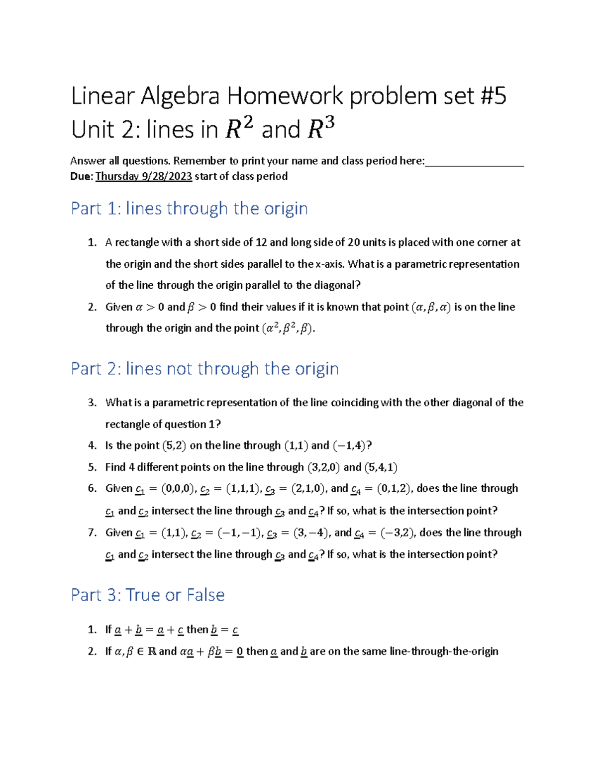 HW5 - Homework - Linear Algebra Homework Problem Set # 5 Unit 2 : Lines ...