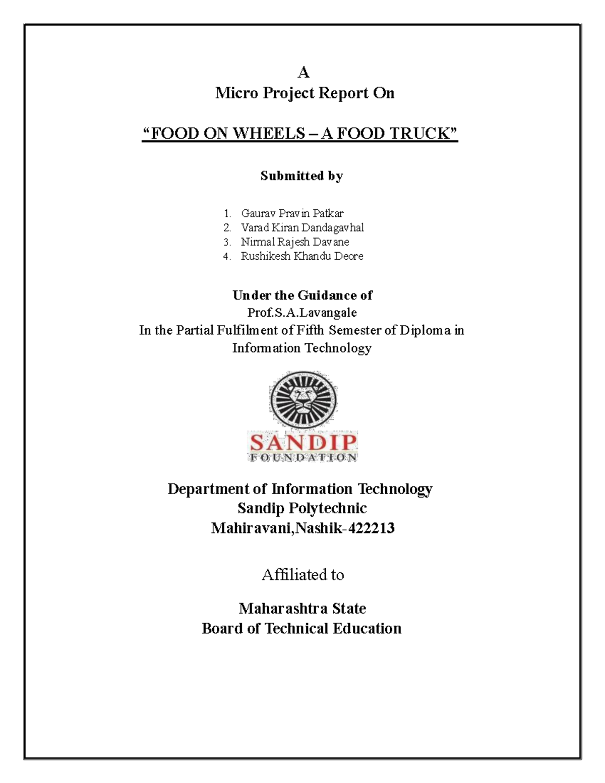 Ede project - A Micro Project Report On “FOOD ON WHEELS – A FOOD TRUCK ...