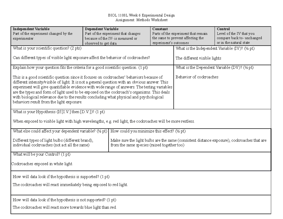 BIOL 1108L ED Methods Worksheet - BIOL 1108L Week 6 Experimental Design ...