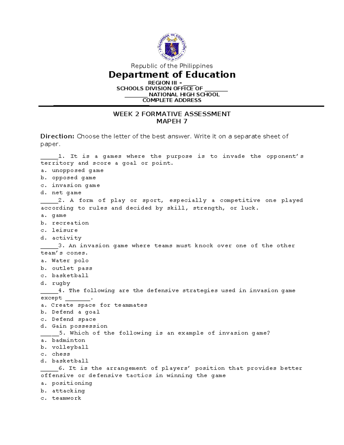 PE&H Formative Assessment W2 D5 Q2 - Republic Of The Philippines ...