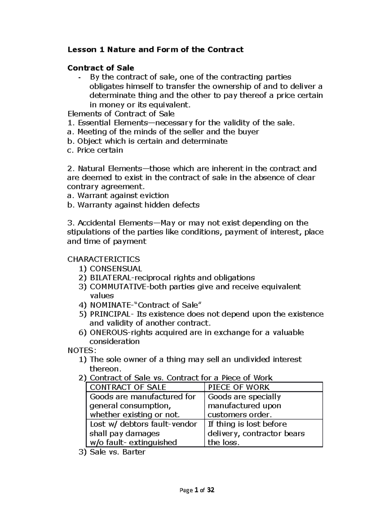 ContractofSalesSummary Lesson 1 Nature and Form of the Contract