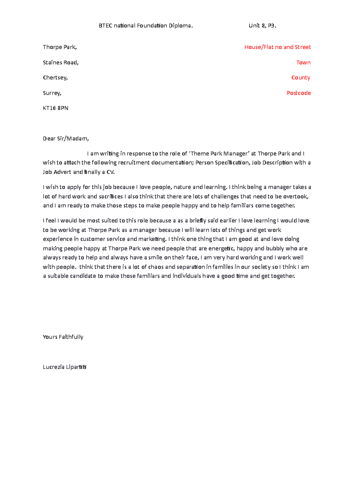 Unit 8 Letter - BTEC national Foundation Diploma. Unit 8, P3. Thorpe ...