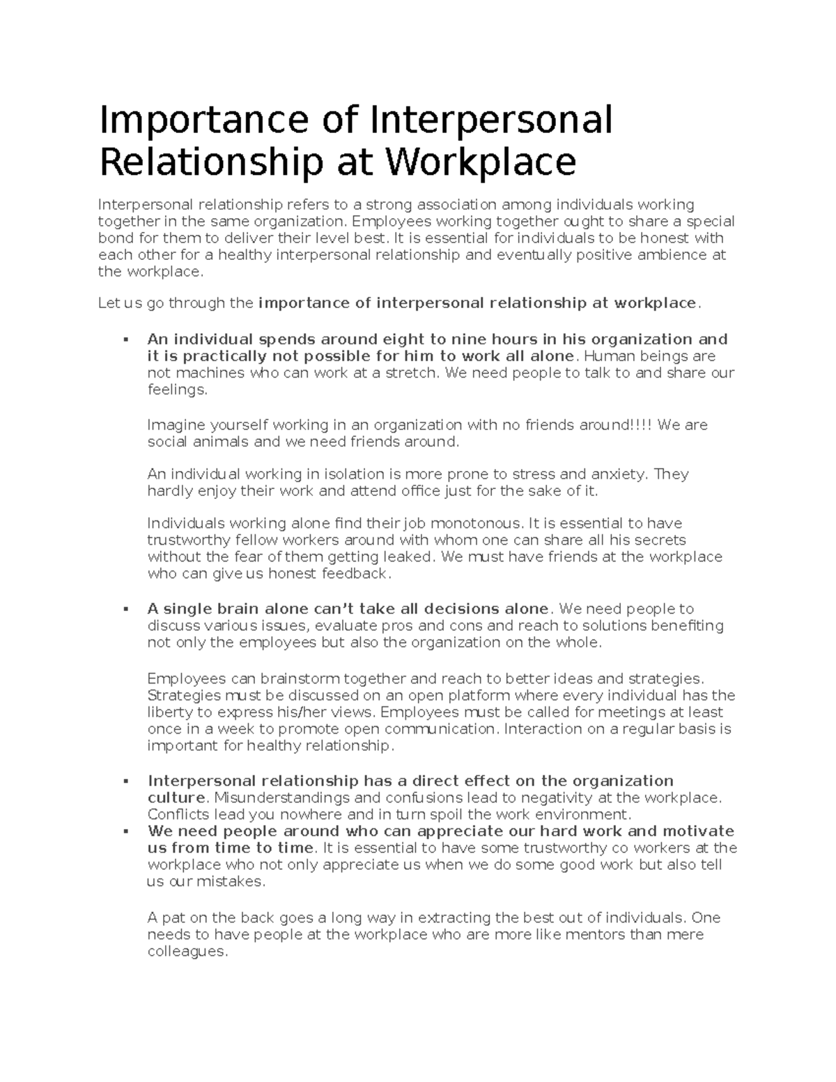 Importance of Interpersonal Relationship at Workplace - Importance of ...